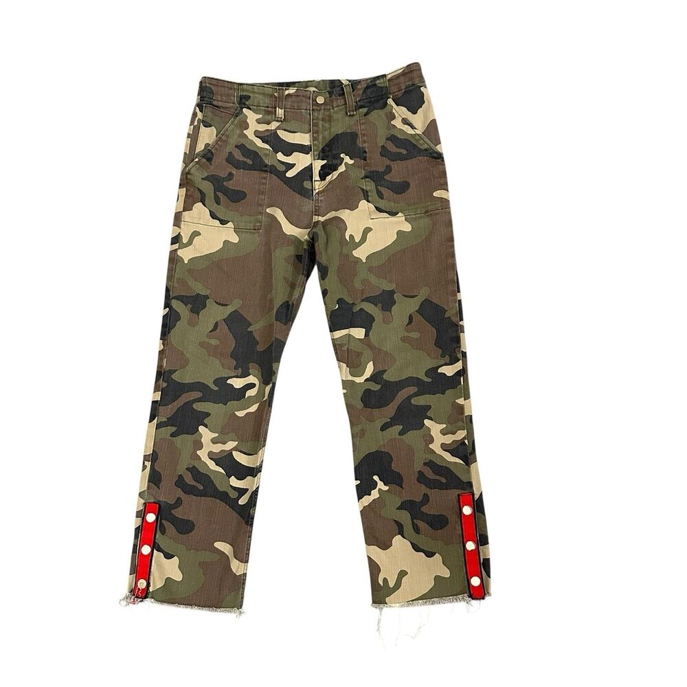 Veronica Beard Camo Ankle Jeans with Red Snap Trim